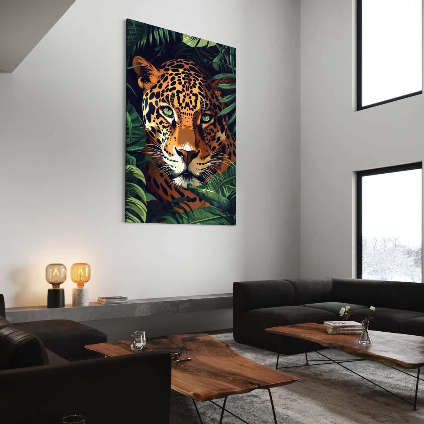 Eyecatcher schilderij van luipaard in tropisch groen in modern interieur met natuurlijke elementen
