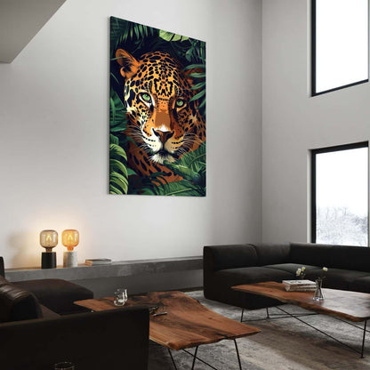 Eyecatcher schilderij van luipaard in tropisch groen in modern interieur met natuurlijke elementen
