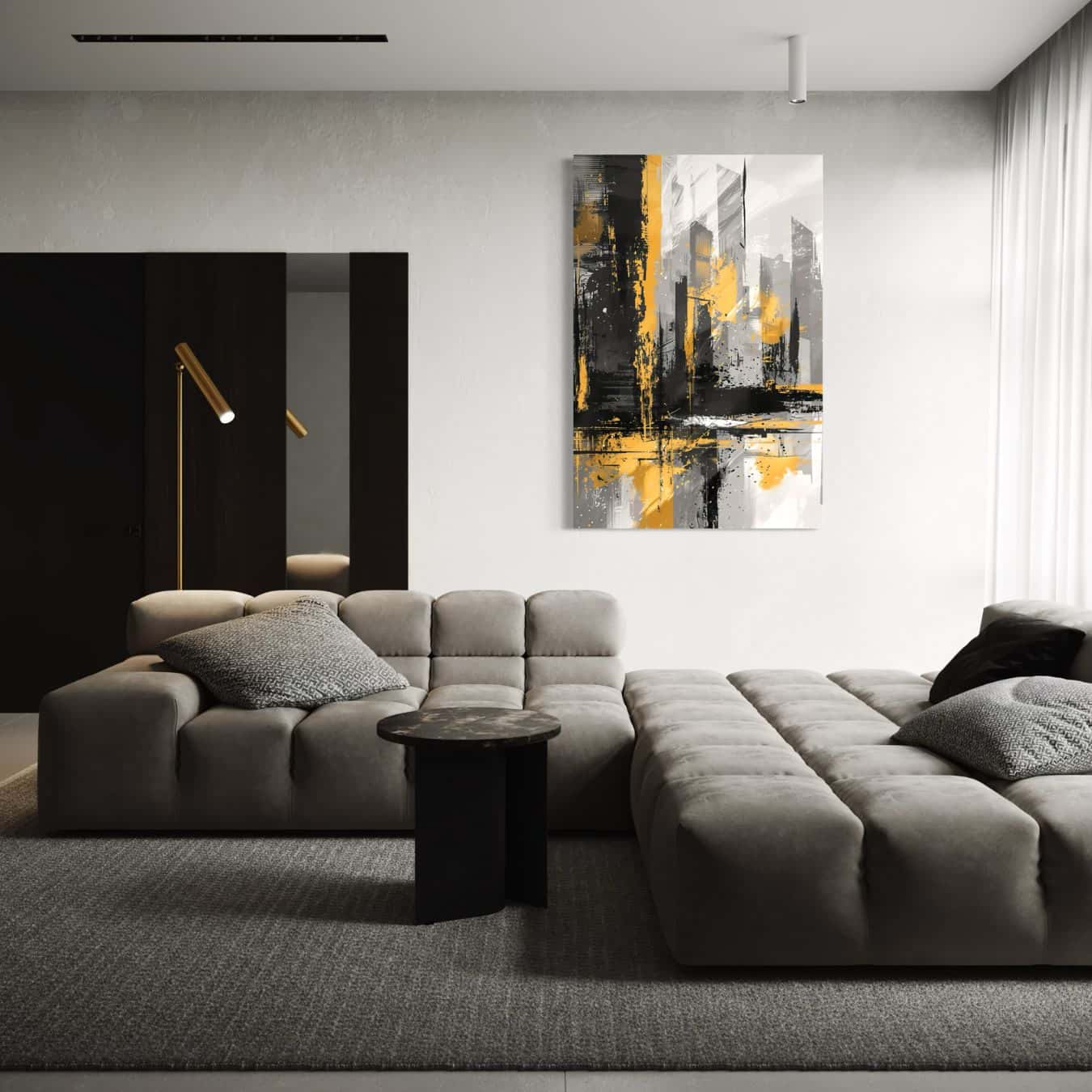Abstract kunstwerk in geel en zwart als moderne wanddecoratie in een luxe woonkamer.