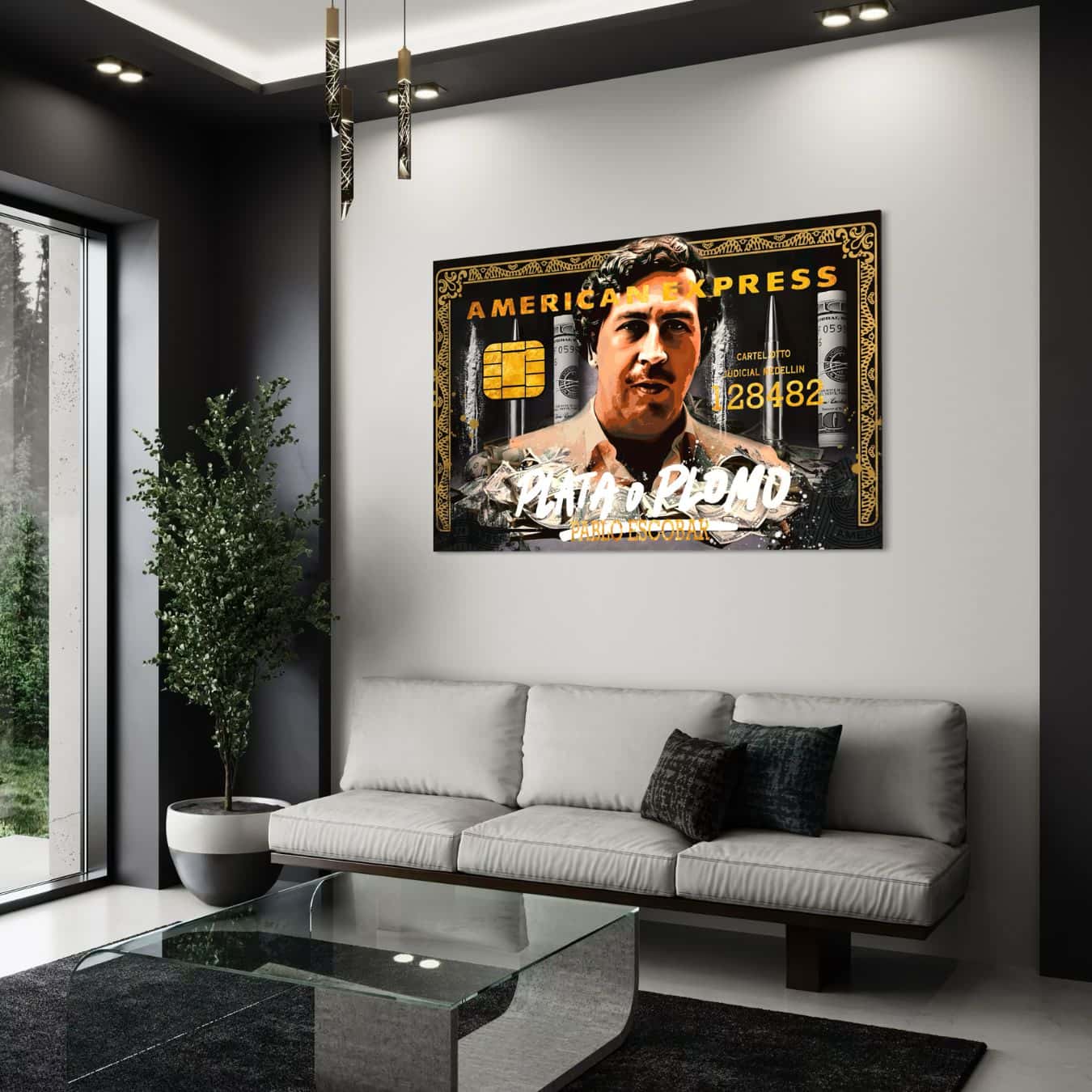 Wanddecoratie met schilderij van Pablo Escobar op canvas in strak interieur.