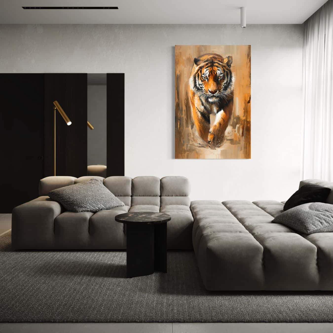 Schilderij van tijger in strak modern interieur met minimalistische meubels 