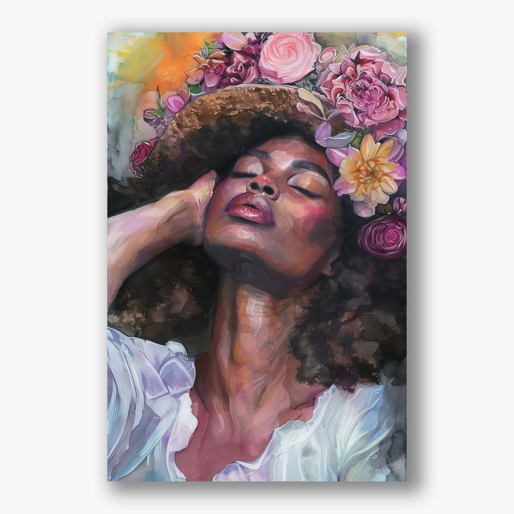 Schilderij van vrouw met bloemenkrans en strohoed in ontspannen pose 