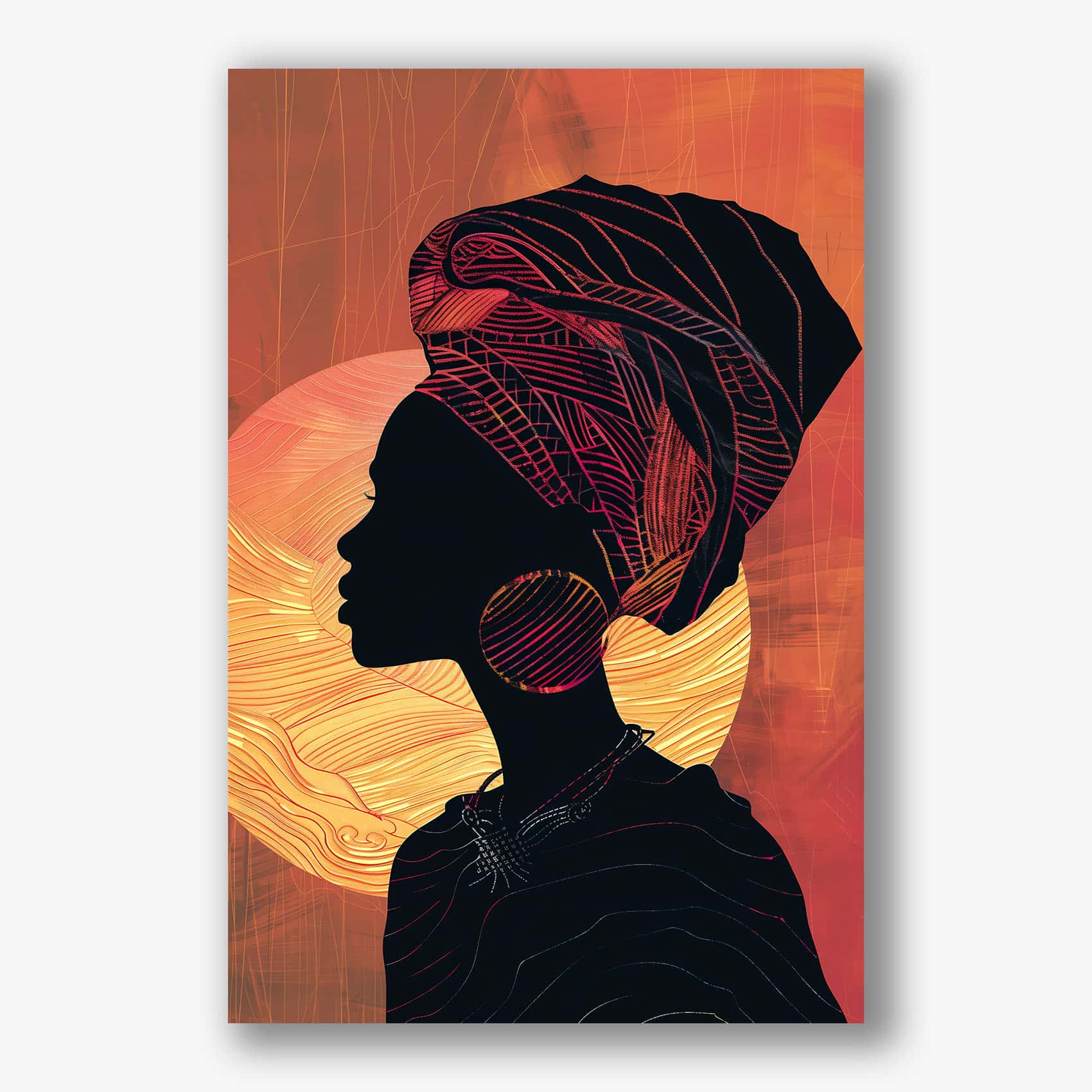 Stijlvol schilderij van vrouwelijk silhouet met grote oorbel en hoofddoek