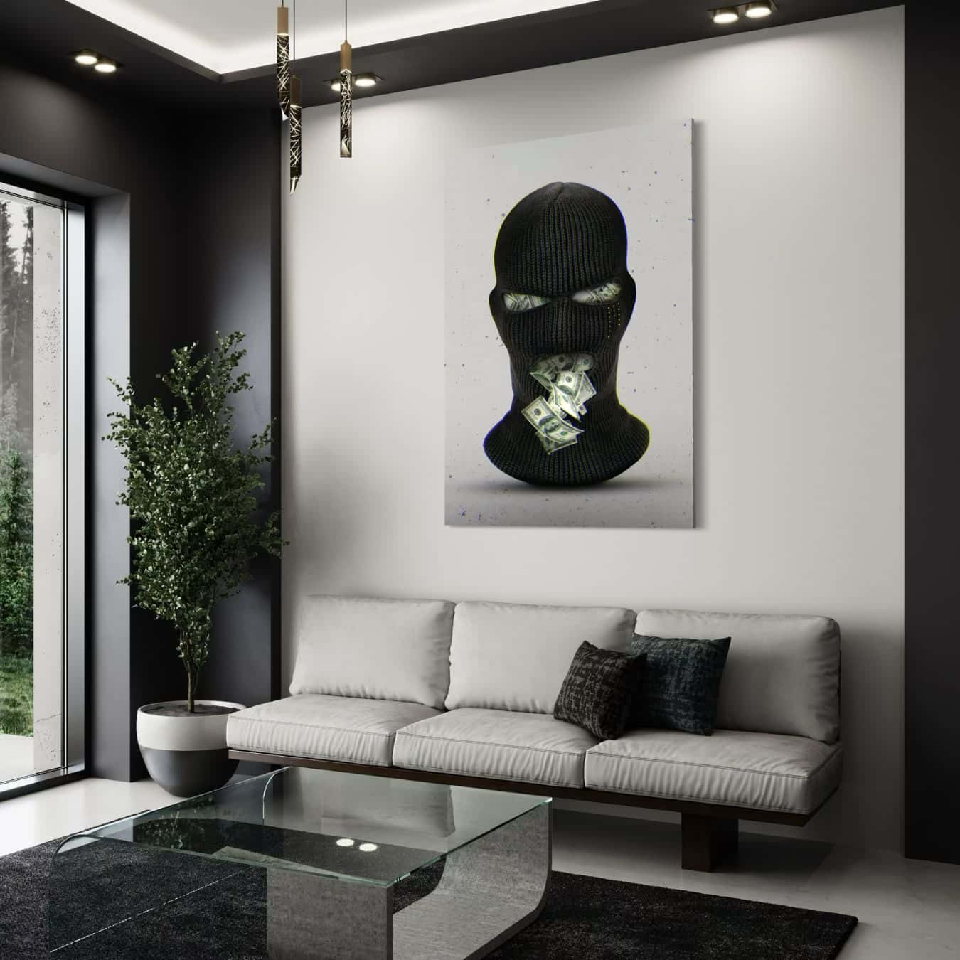Moderne wanddecoratie van bivakmasker met geld in wit interieur.