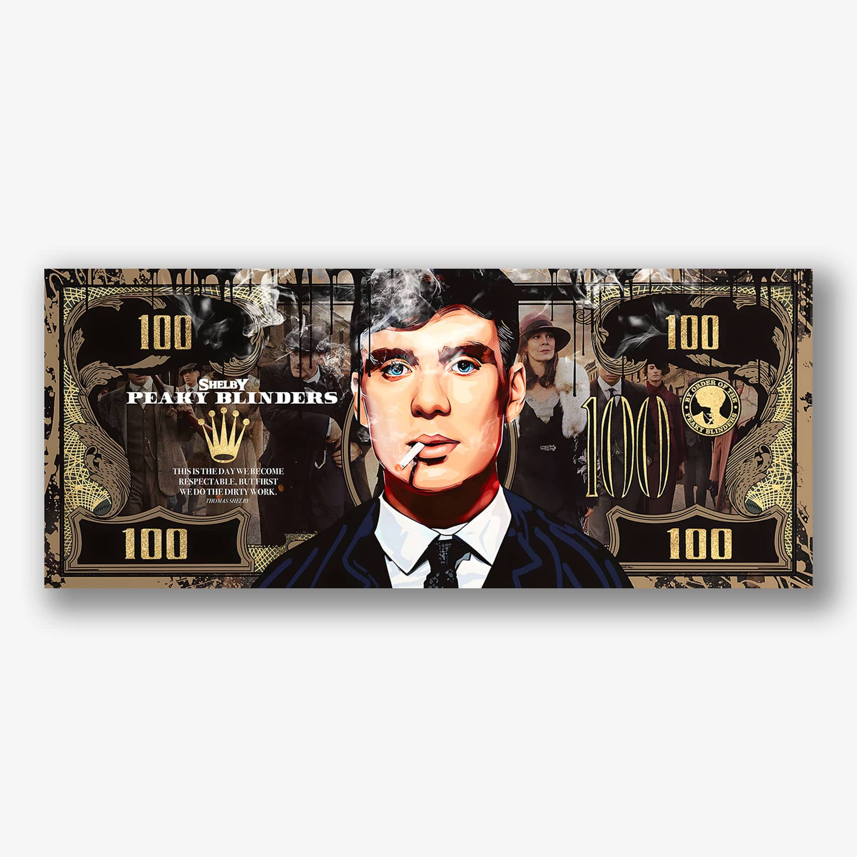 plexiglas schilderij van Thomas Shelby in zijaanzicht met donkere achtergrond