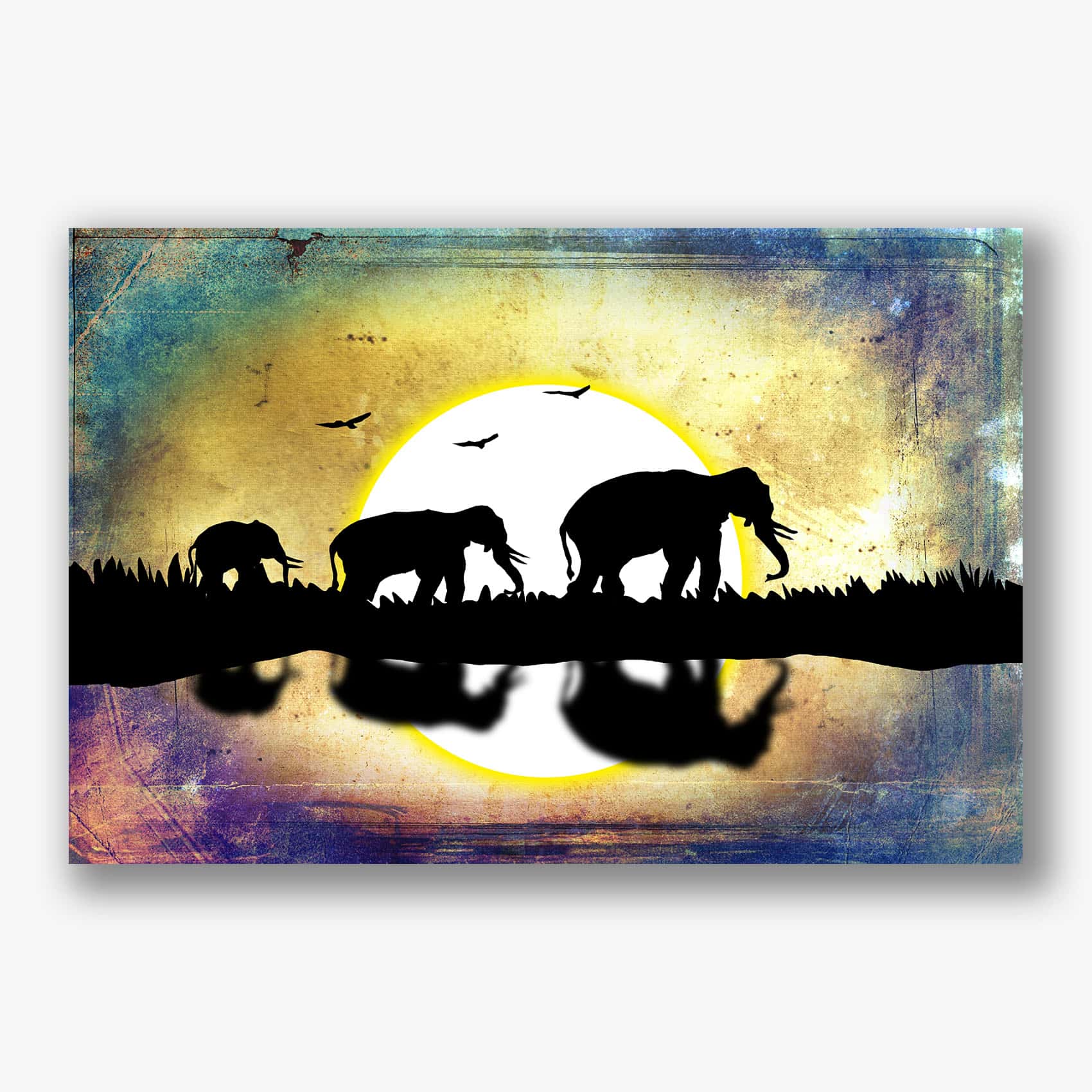Schilderij van olifanten in silhouet bij zonsondergang, met intense kleuren als blauw en goud