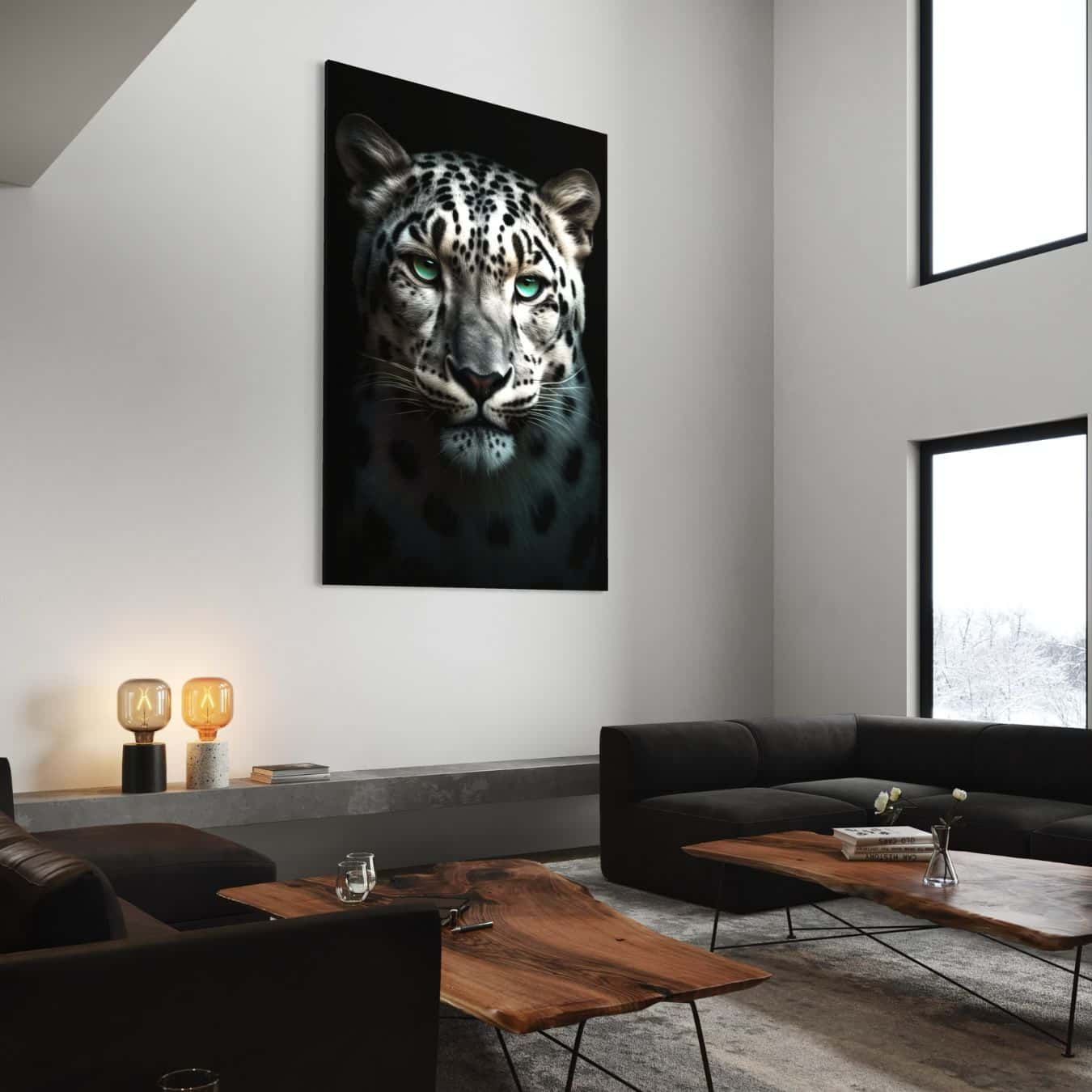 Dibond schilderij van sneeuwpanter als luxe muurdecoratie voor strak modern interieur