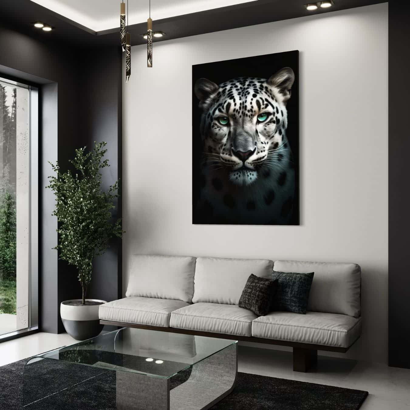 Plexiglas schilderij met sneeuwpanter als stijlvolle muurdecoratie voor luxe salon