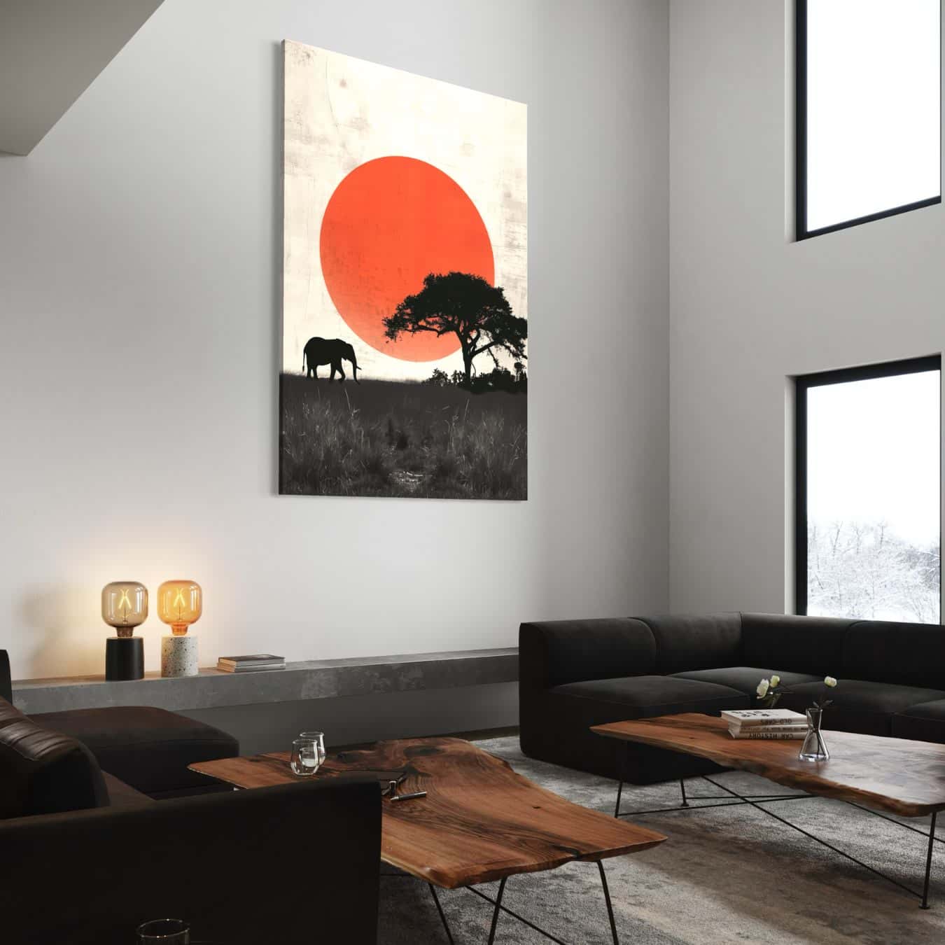Stijlvol schilderij van olifant met rode zon in moderne woonkame