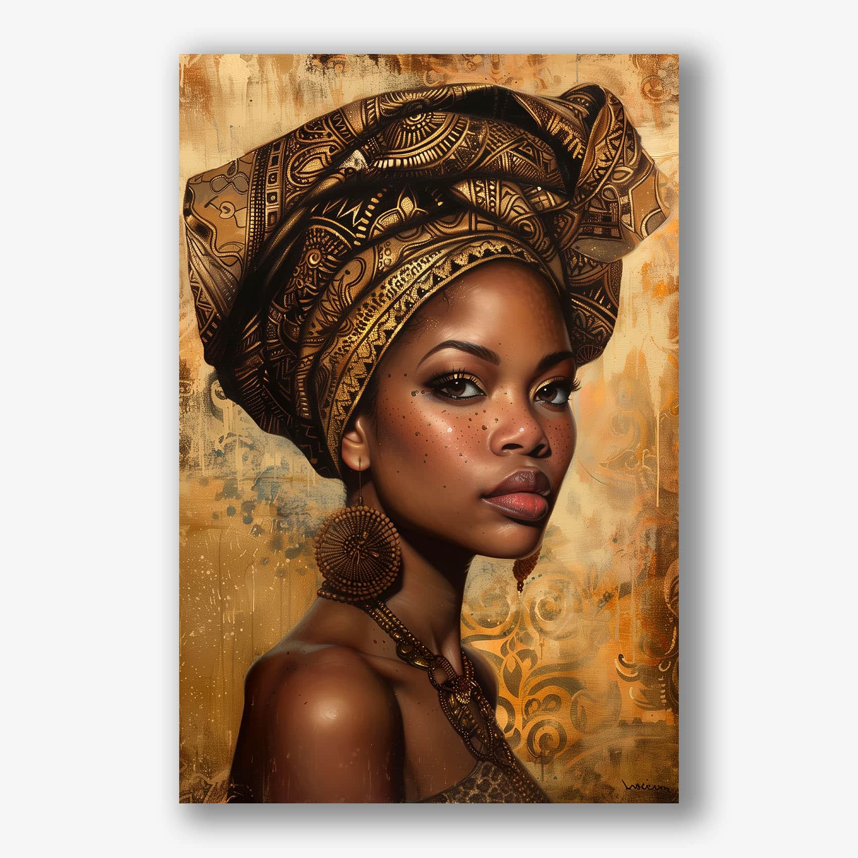 Elegant schilderij van vrouw met gouden hoofddoek op goudbruine achtergrond.