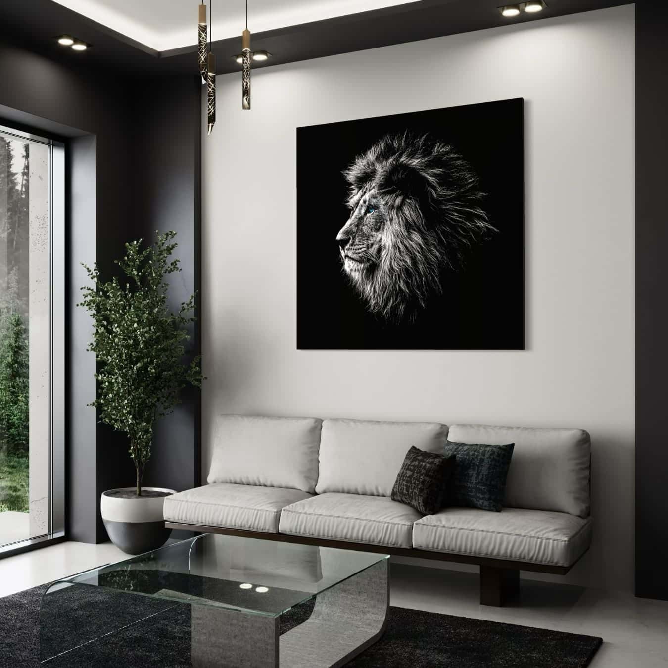 Stoer zwart wit lion schilderij op plexiglas boven moderne designbank.