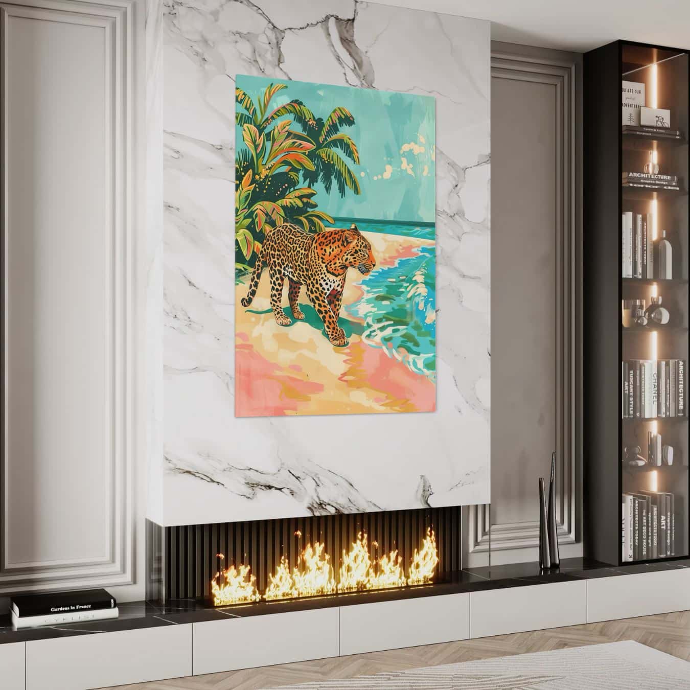 Schilderij van een luipaard bij de zee met pastelkleuren, als muurdecoratie boven een stijlvolle haard. 