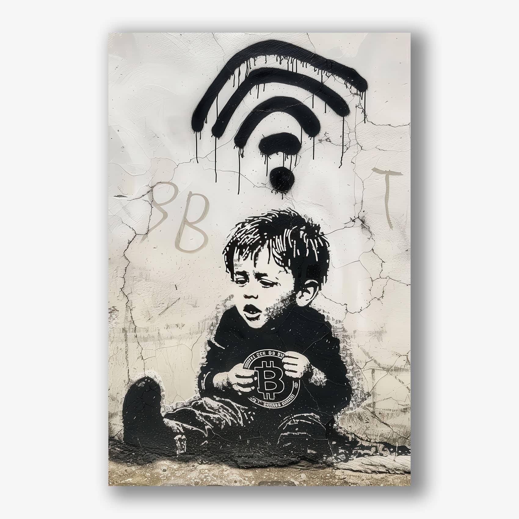 Streetart schilderij met kind dat bitcoin vasthoudt onder wifi-teken.