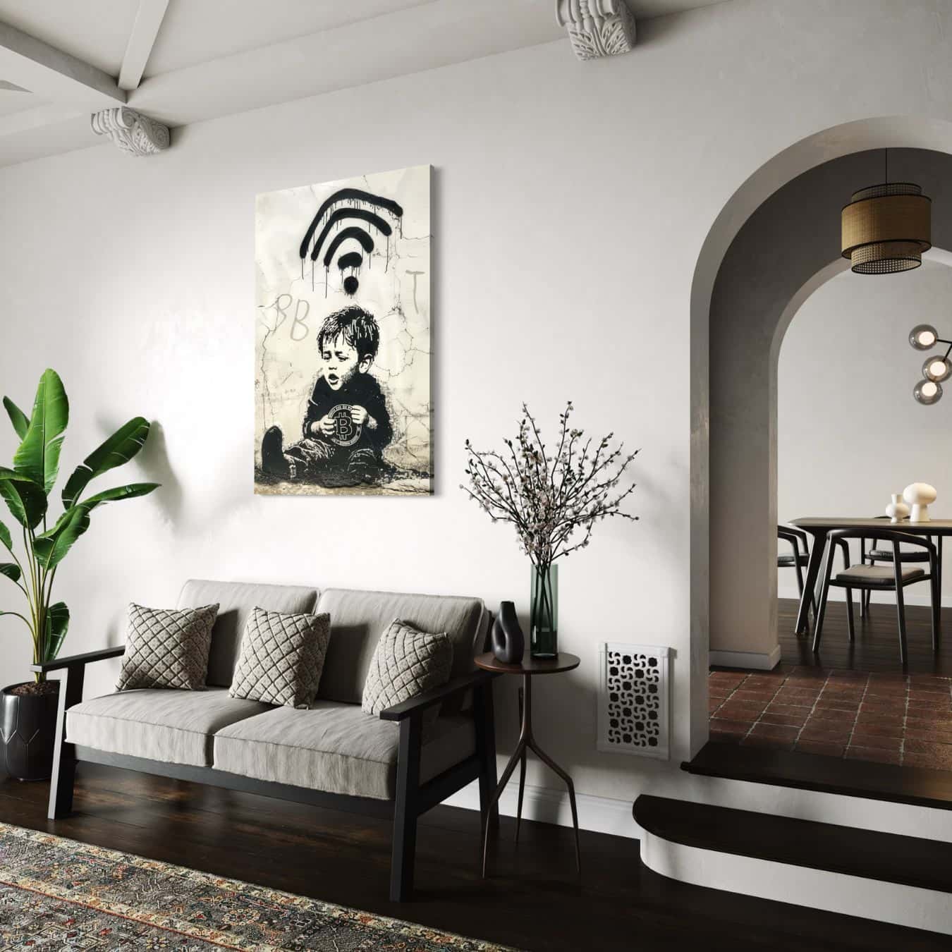 Schilderij met kind, bitcoin en wifi in minimalistisch klassiek interieur.