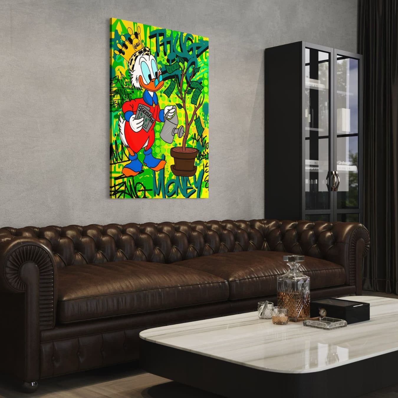 Streetart schilderij op dibond met Dagobert Duck en money tree
