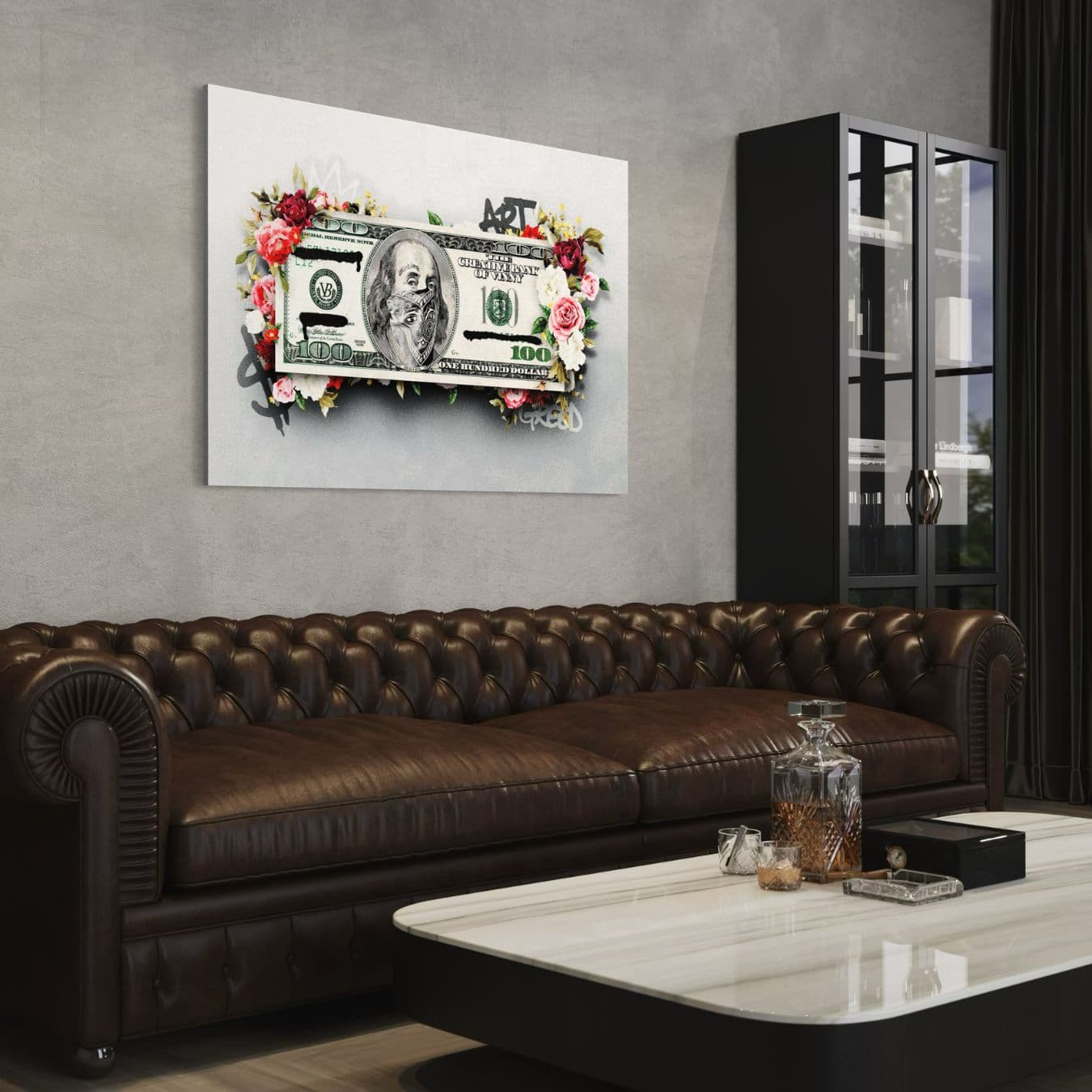 Streetart schilderij met bloemen en dollarbiljet boven vintage leren bank