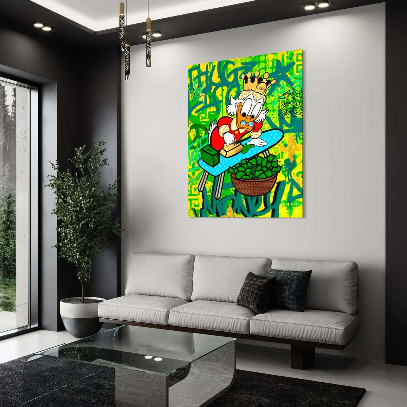 Streetart schilderij van strijkende eend met geld in modern interieur.