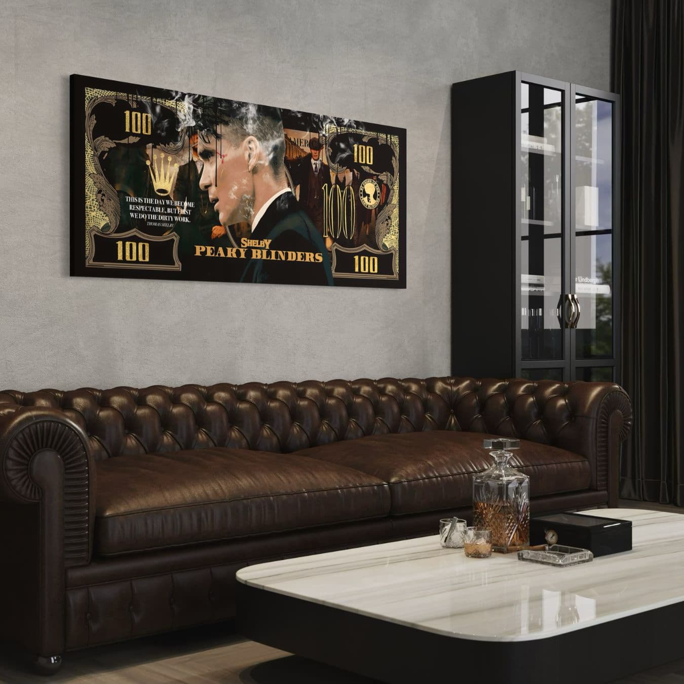 Muurdecoratie met Thomas Shelby als kunstwerk in stijlvol interieur
