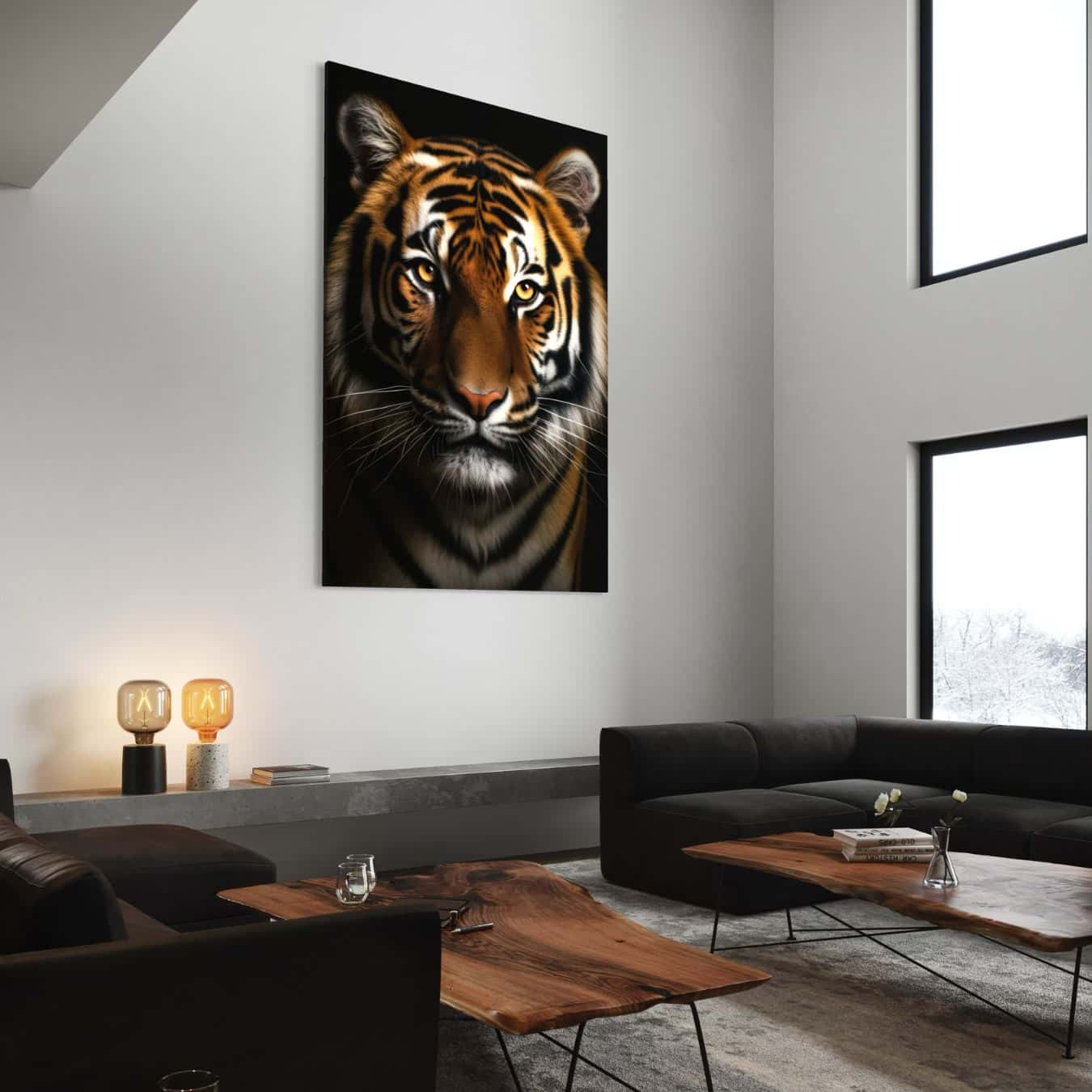 Canvas schilderij tijger perfect als indrukwekkende wanddecoratie in moderne woonkamer