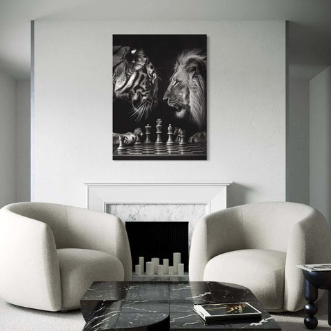 Zwart wit muurdecoratie schilderij met dieren in modern interieur stijl.