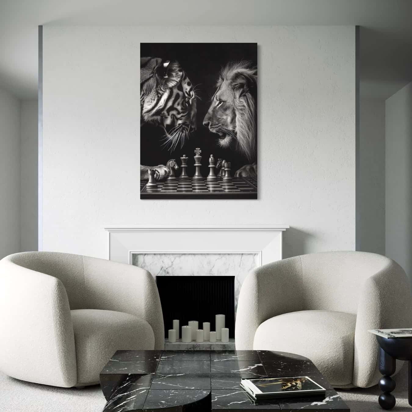 Zwart wit muurdecoratie schilderij met dieren in modern interieur stijl.