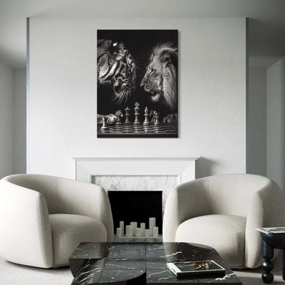 Zwart wit muurdecoratie schilderij met dieren in modern interieur stijl.