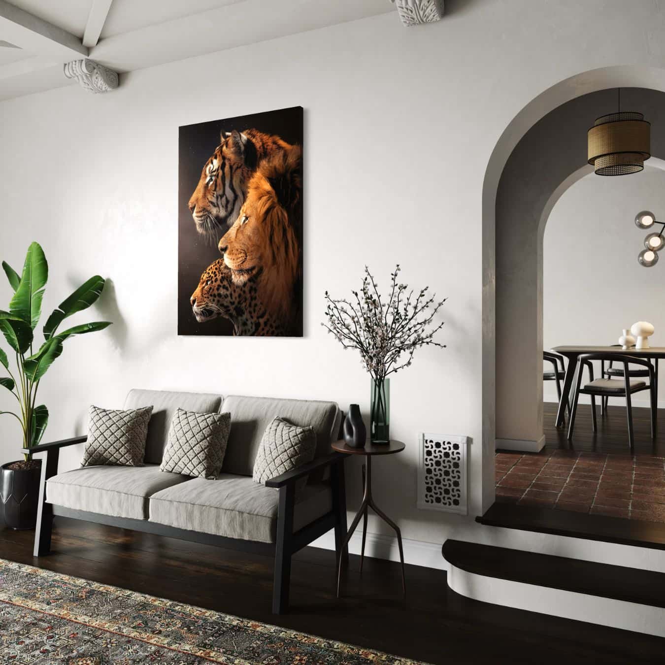 Muurdecoratie van wilde dieren in moderne ruimte met warme uitstraling.