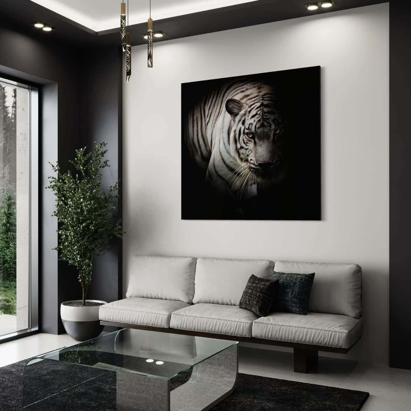 Minimalistische woonkamer met lichte bank en schilderij van een witte tijger