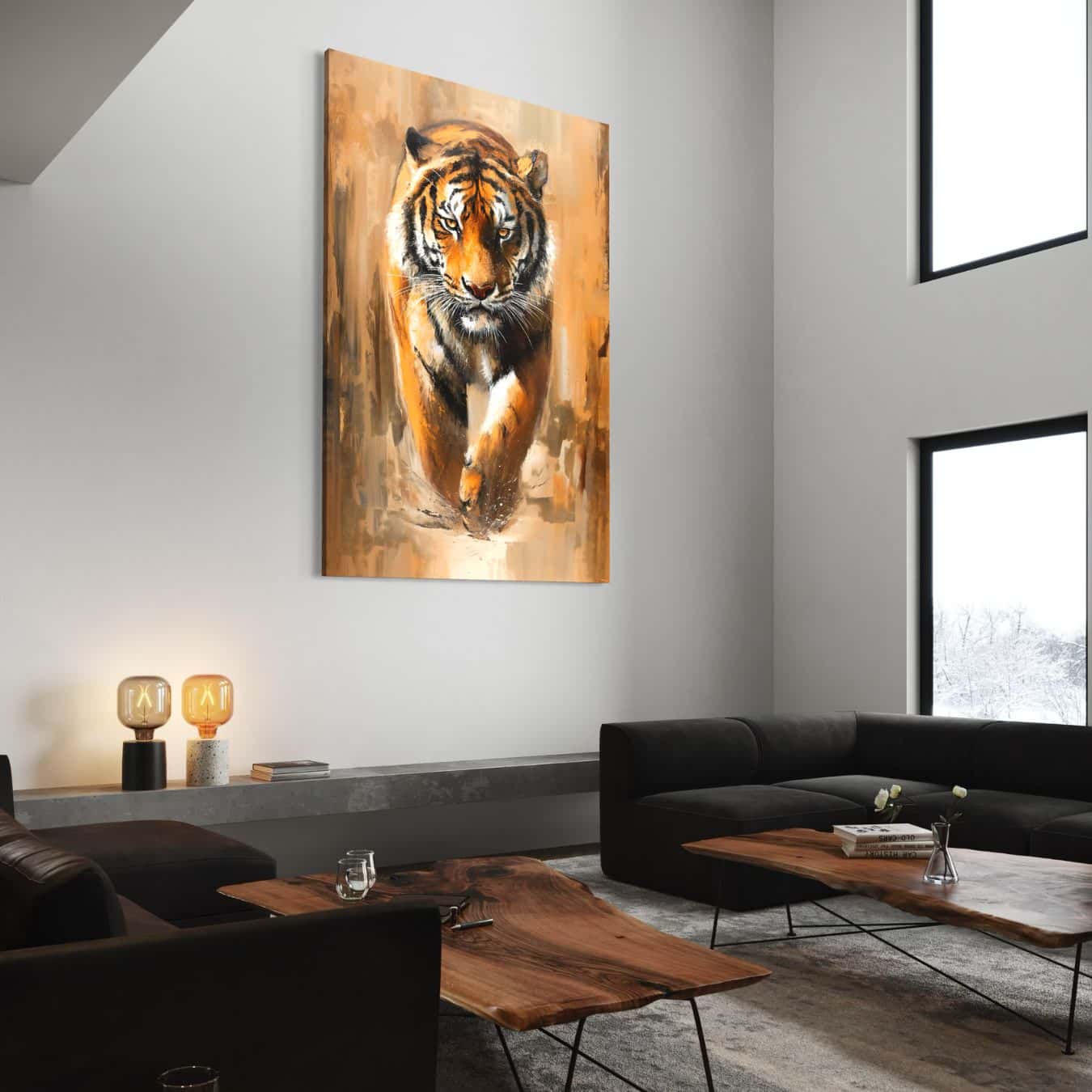 Tijger schilderij als eyecatcher in moderne woonkamer met industriële accenten en houttinten