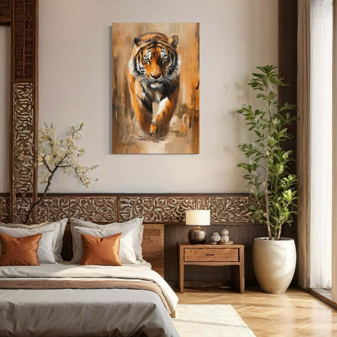 Tijger schilderij in rustgevende slaapkamer met houtaccenten en oosterse invloeden