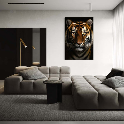 Dibond schilderij van een krachtige tijger als stijlvolle muurdecoratie interieur