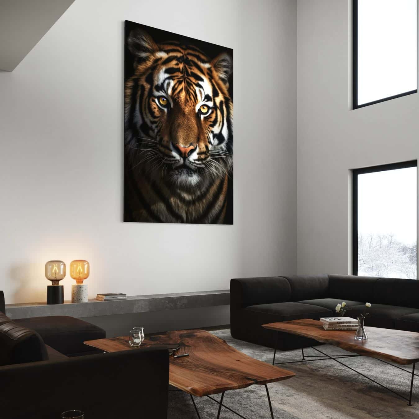 Plexiglas wanddecoratie van een tijger als blikvanger in modern interieur woonkamer