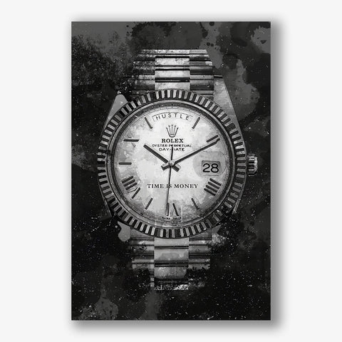 Zwart wit schilderij met luxe Rolex horloge en tekst time is money.
