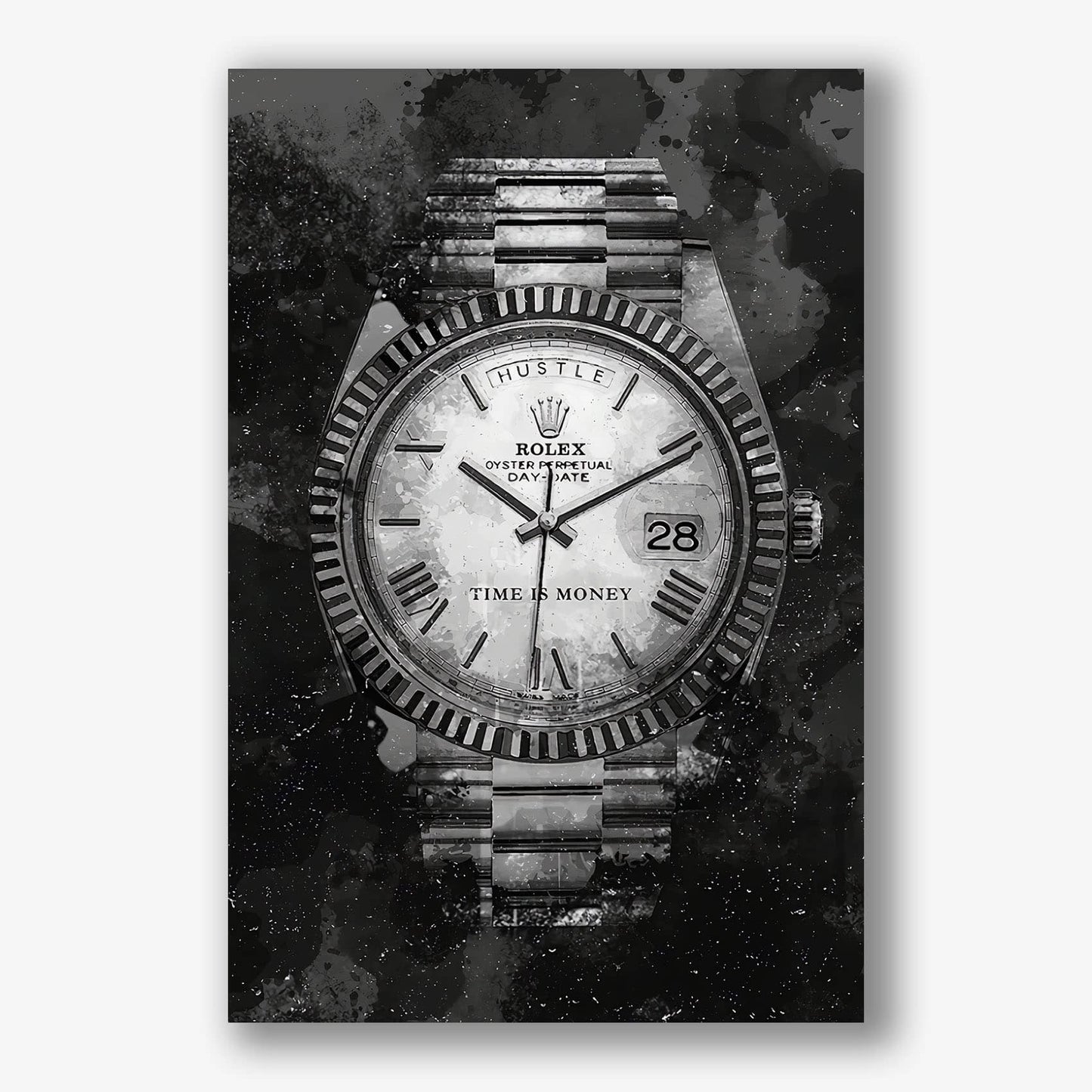 Zwart wit schilderij met luxe Rolex horloge en tekst time is money.