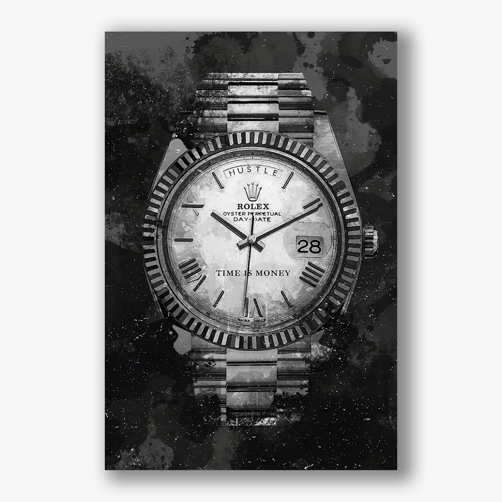 Zwart wit schilderij met luxe Rolex horloge en tekst time is money.
