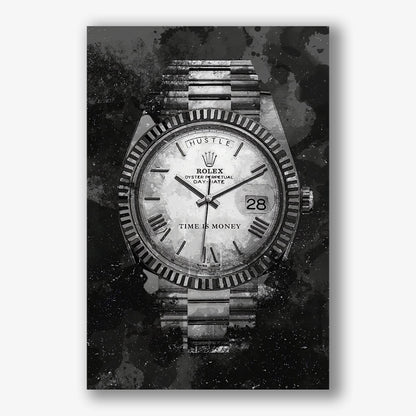 Zwart wit schilderij met luxe Rolex horloge en tekst time is money.