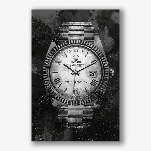 Zwart wit schilderij met luxe Rolex horloge en tekst time is money.