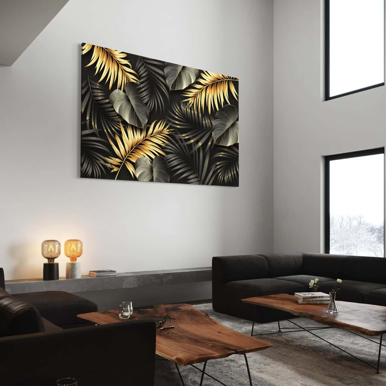 Modern interieur met tropisch bladcanvas in zwart en goudtinten.