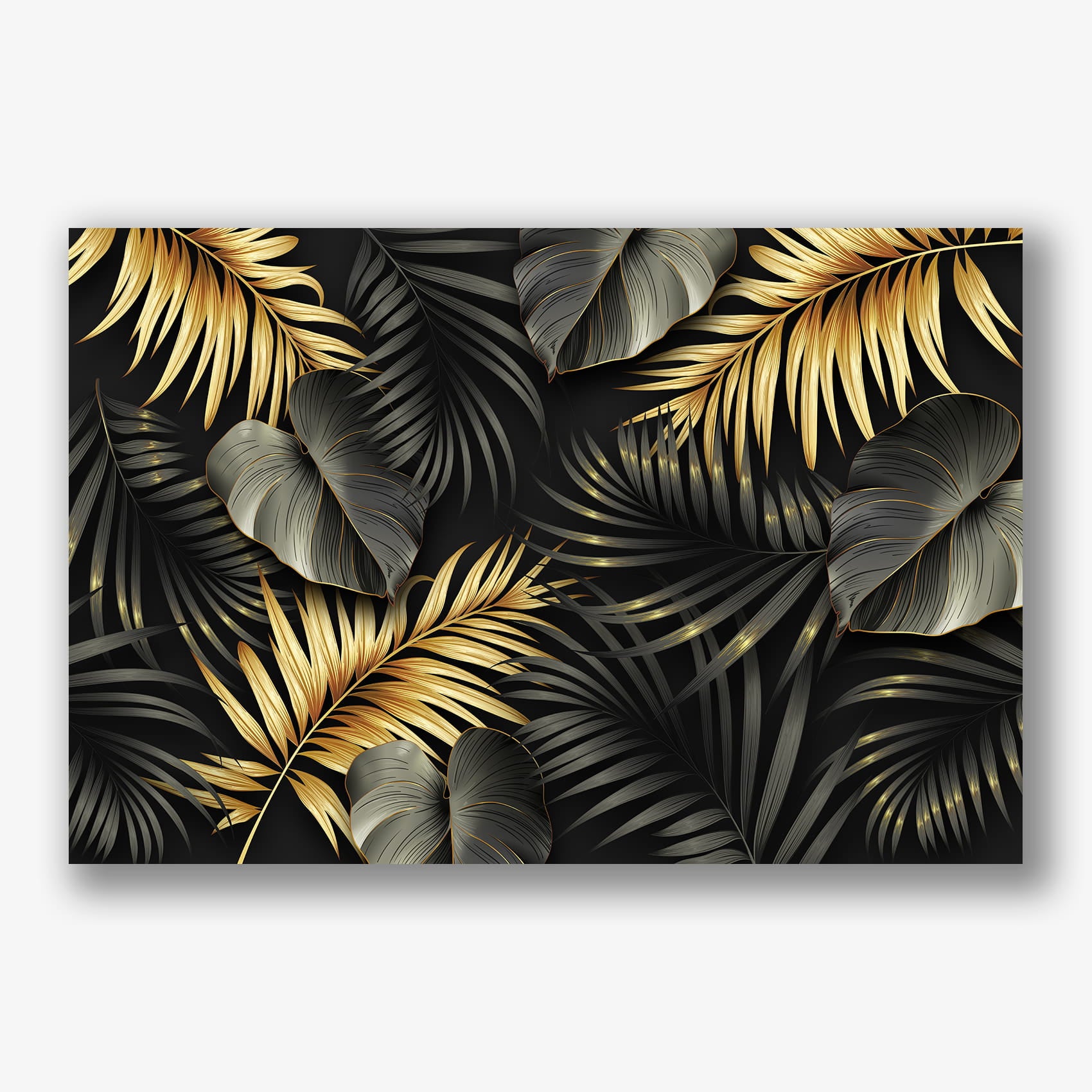 Luxe plexiglas wandkunst met tropische bladeren in goud en zwart.
