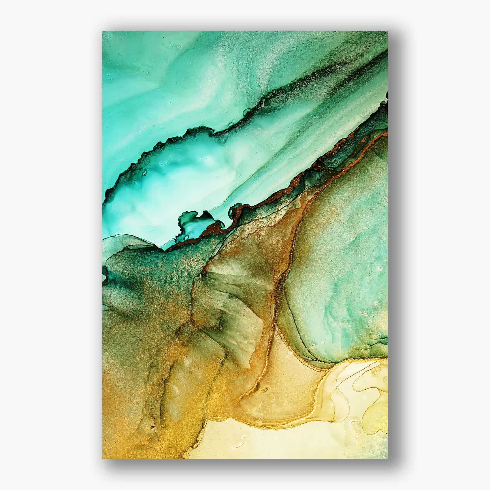 Abstract schilderij in turquoise en geel met vloeibare overgangen als wanddecoratie