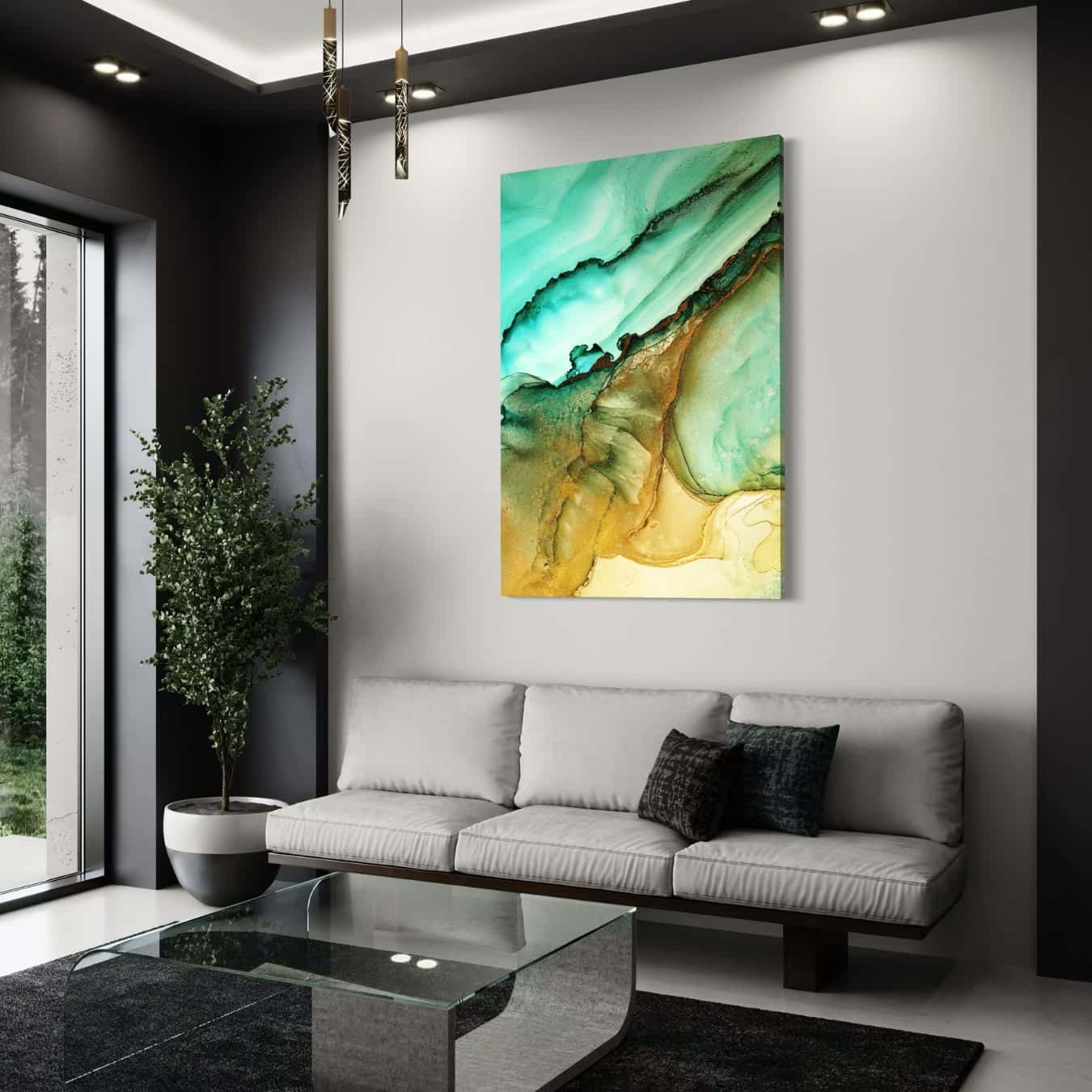 Groot abstract schilderij met turquoise en geel in een donkere moderne woonkamer
