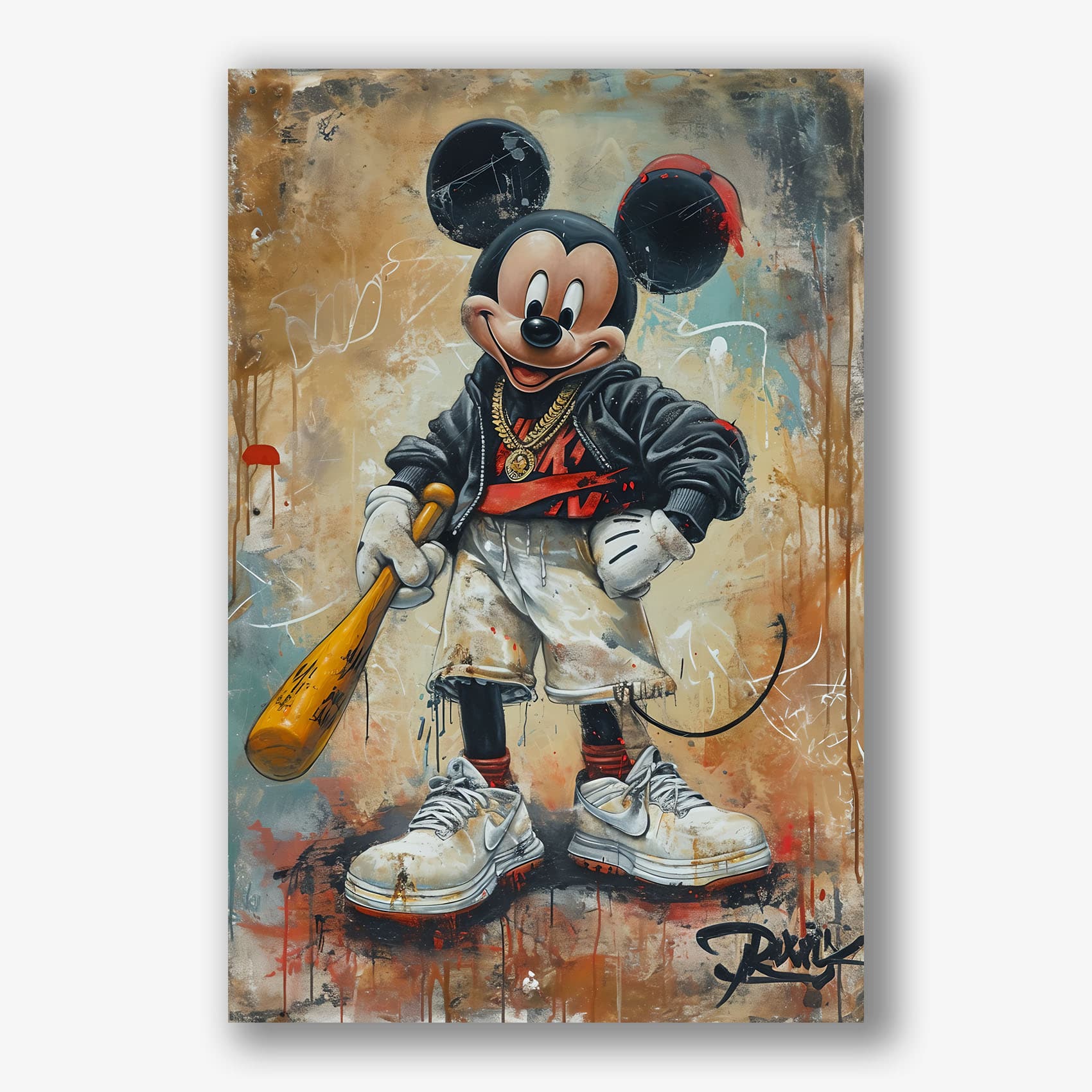Streetart schilderij met urban Mickey Mouse in sneakers en ketting