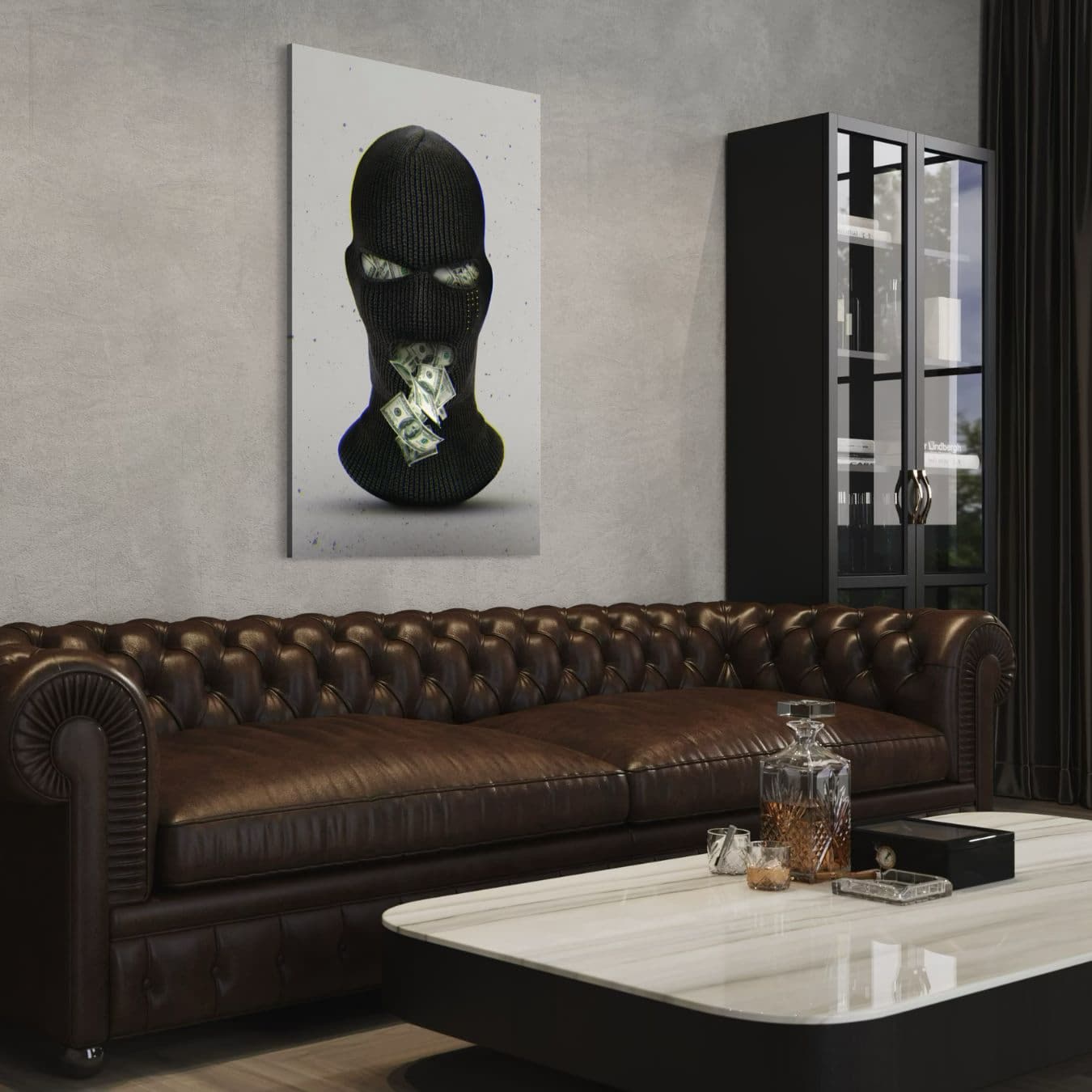 Urban stijl muurdecoratie met masker en geld in industrieel interieur.