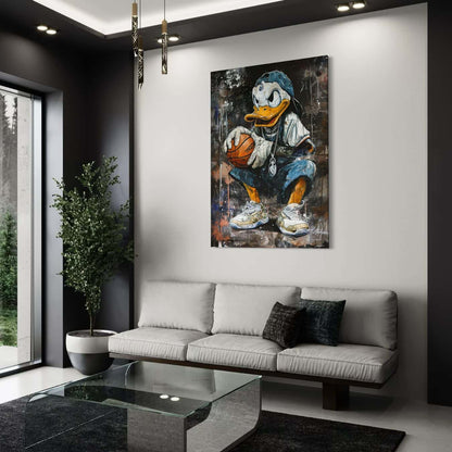 Streetart schilderij op plexiglas met basketballende Donald Duck figuur