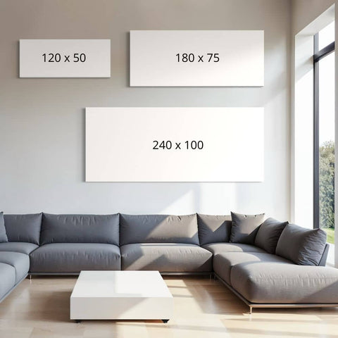 Vergelijking van formaten wanddecoratie in 120x50, 180x75 en 240x100 