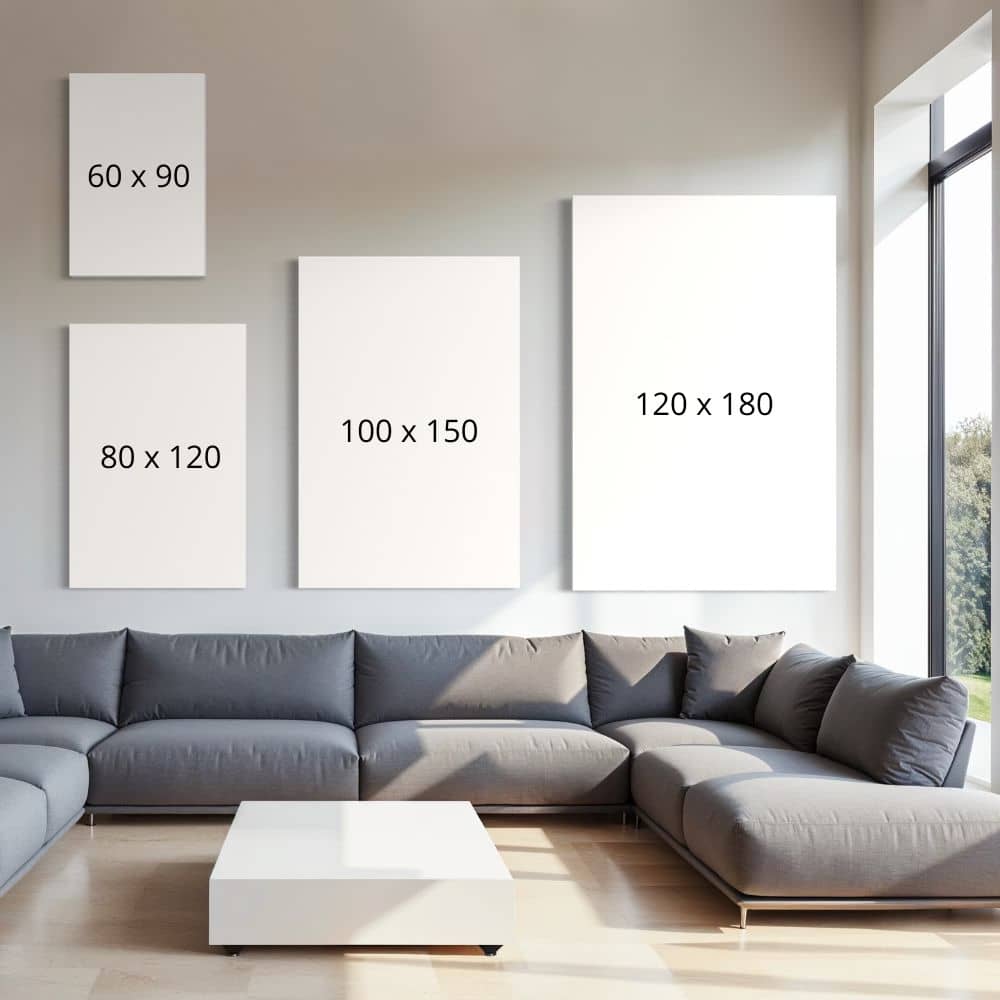 Vergelijking van wanddecoratie formaten 60x90, 80x120, 100x150 en 120x180 in lichte woonkamer 