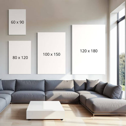 Vergelijking van wanddecoratie formaten 60x90, 80x120, 100x150 en 120x180 in lichte woonkamer 