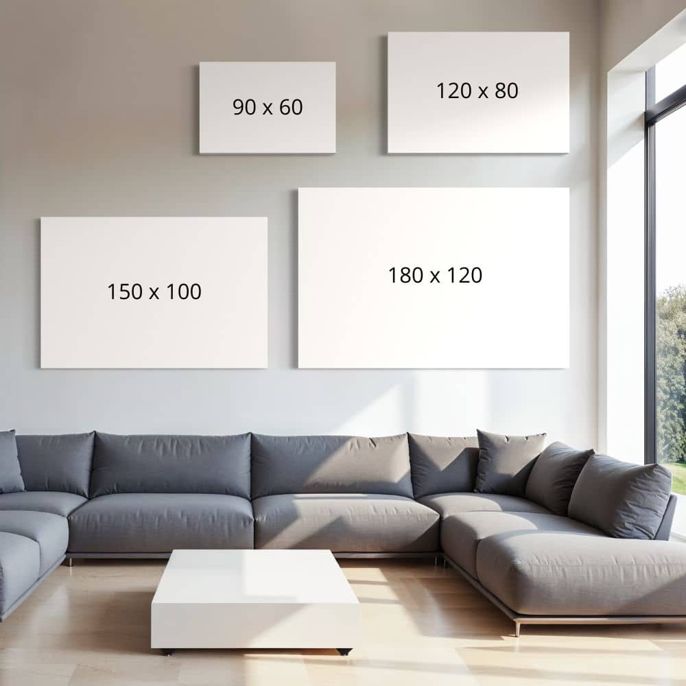 Vergelijking van formaten wanddecoratie in 90x60, 120x80, 150x100 180x120 cm. 