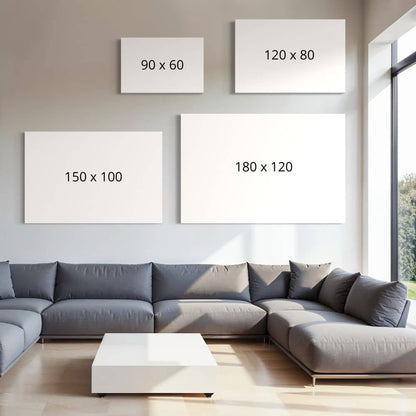 Vergelijking van formaten wanddecoratie in 90x60, 120x80, 150x100 180x120 cm. 