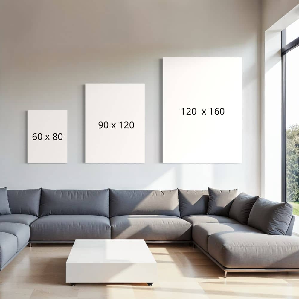 Vergelijking van formaten wanddecoratie in 60x80, 90x120, 120x160 cm. 